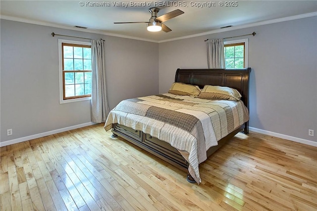 106 Coon Hollow Rd, Charleston, WV 25312 - bedroom with light wood-type flooring, baseboards, crown molding, and a ceiling fan