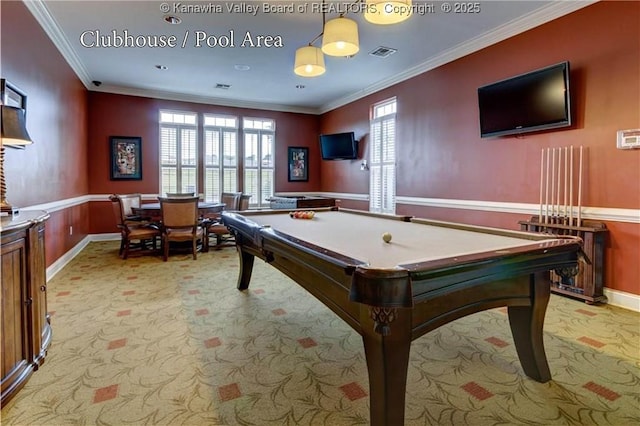 9 Bristol Pl, Scott Depot, WV 25560 - game room featuring light colored carpet, crown molding, pool table, and wainscoting