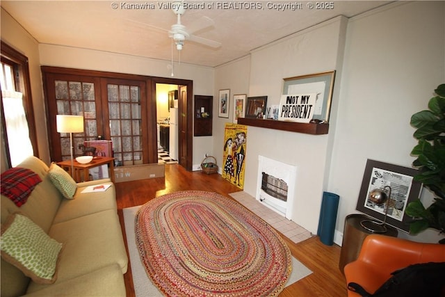 407 Carolina St, Charleston, WV 25311 - living room with wood finished floors, french doors, and a ceiling fan