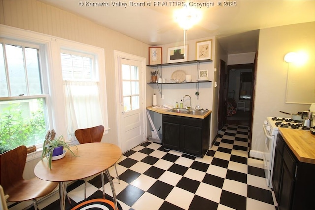 407 Carolina St, Charleston, WV 25311 - kitchen featuring a sink, white range with gas stovetop, light floors, dark cabinets, and butcher block countertops
