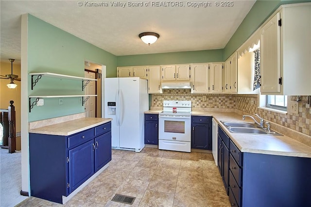 100 Timberlake Cir, Scott Depot, WV 25560 - kitchen featuring white appliances, a sink, under cabinet range hood, blue cabinets, and backsplash