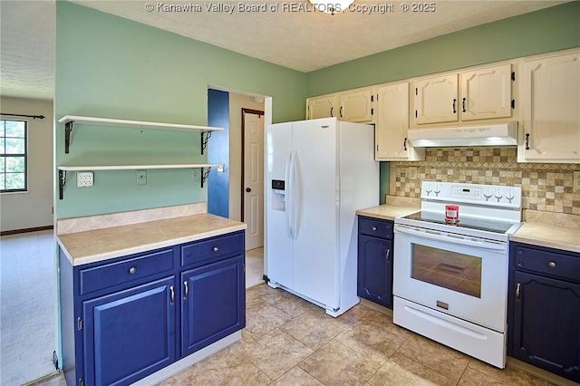 100 Timberlake Cir, Scott Depot, WV 25560 - kitchen featuring white appliances, under cabinet range hood, blue cabinets, a textured ceiling, and decorative backsplash