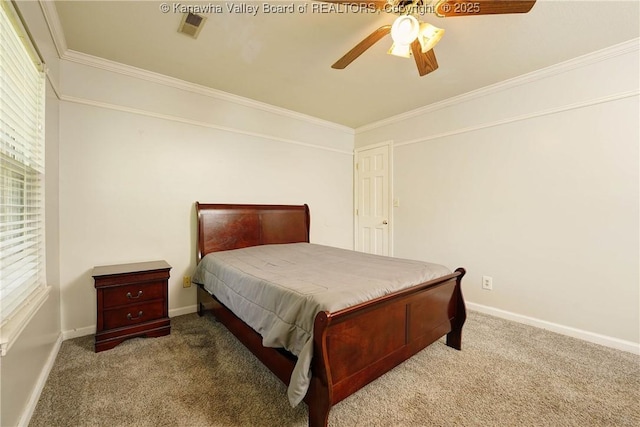 9 Shamblin Pl, Charleston, WV 25314 - carpeted bedroom with baseboards, ornamental molding, and a ceiling fan