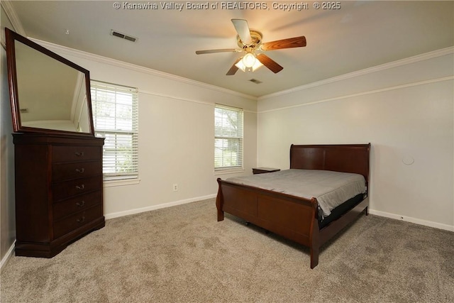 9 Shamblin Pl, Charleston, WV 25314 - bedroom featuring crown molding, multiple windows, carpet flooring, baseboards, and ceiling fan