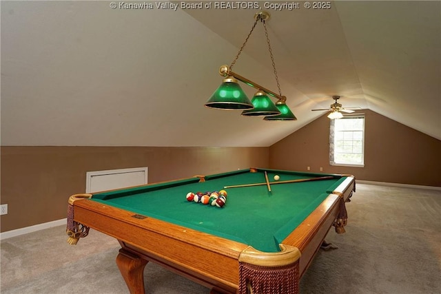 9 Shamblin Pl, Charleston, WV 25314 - game room with carpet, lofted ceiling, baseboards, pool table, and ceiling fan