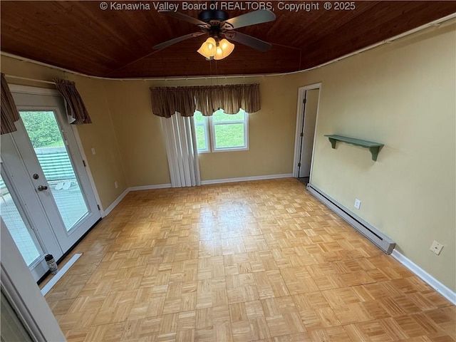 40 Hickory Ln, Madison, WV 25130 - empty room with baseboard heating, wooden ceiling, baseboards, ceiling fan, and lofted ceiling