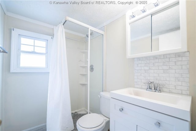 300 Forest Cir S, Charleston, WV 25303 - full bath with decorative backsplash, a stall shower, vanity, and a textured ceiling