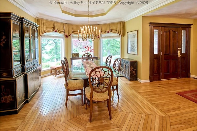 920 Gordon Dr Unit A, Charleston, WV 25303 - dining area with a chandelier, a raised ceiling, ornamental molding, and light wood-type flooring