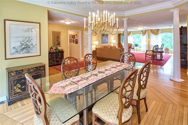 920 Gordon Dr Unit A, Charleston, WV 25303 - dining space featuring ornate columns, crown molding, a chandelier, and light wood-style floors