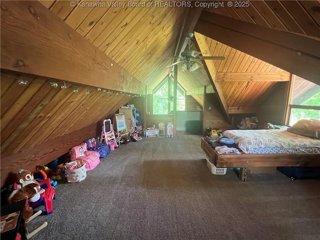 849 Random Rd, Ripley, WV 25271 - bedroom featuring multiple windows, vaulted ceiling, carpet flooring, and wooden ceiling