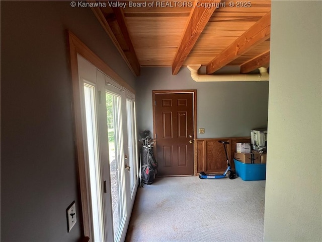 849 Random Rd, Ripley, WV 25271 - carpeted entrance foyer with wooden ceiling with exposed beams and wainscoting