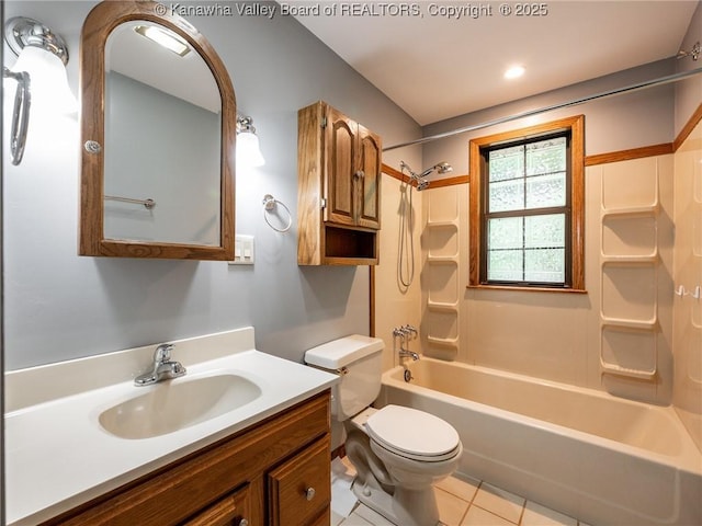 1799 Fishers Branch Rd, Charleston, WV 25312 - bathroom featuring toilet, vanity,  shower combination, and tile patterned floors