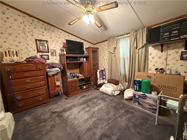 12 Brewster Dr, Chapmanville, WV 25508 - interior space with wallpapered walls, lofted ceiling, crown molding, dark carpet, and a ceiling fan
