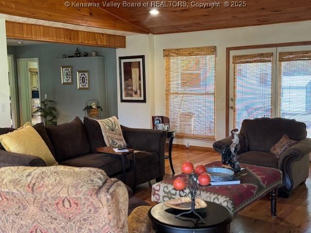 80 Flint Ln, Racine, WV 25165 - living area featuring wood ceiling, wood finished floors, plenty of natural light, and recessed lighting