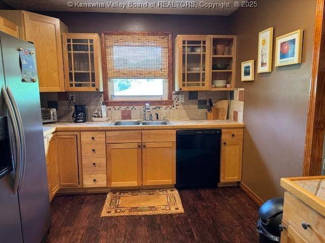 80 Flint Ln, Racine, WV 25165 - kitchen featuring dishwasher, stainless steel fridge, tile countertops, a sink, and backsplash