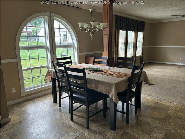 30 Beech Ln, Madison, WV 25130 - dining area with plenty of natural light, a chandelier, ornamental molding, baseboards, and a textured ceiling