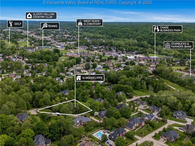 14 Woodclyffe Rd, Hurricane, WV 25526 - aerial overview of property's location featuring property parcel outlined and a forest