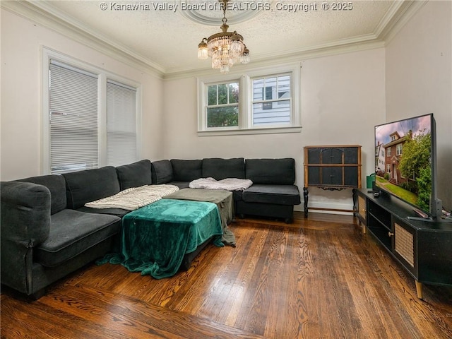 657 Beech Ave, Charleston, WV 25302 - living area with crown molding, wood finished floors, a chandelier, and a textured ceiling