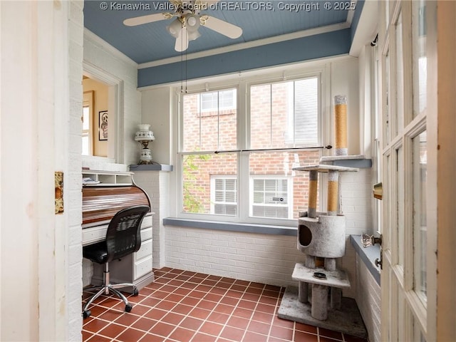 657 Beech Ave, Charleston, WV 25302 - home office featuring plenty of natural light, ornamental molding, a ceiling fan, and dark tile patterned floors