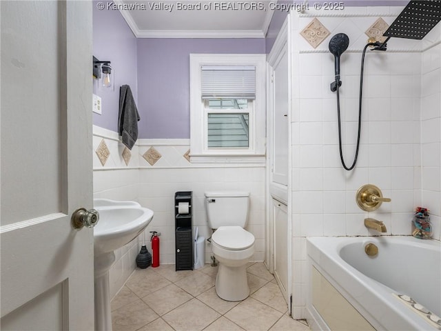 657 Beech Ave, Charleston, WV 25302 - bathroom featuring crown molding, tile patterned flooring, toilet, shower / tub combination, and tile walls