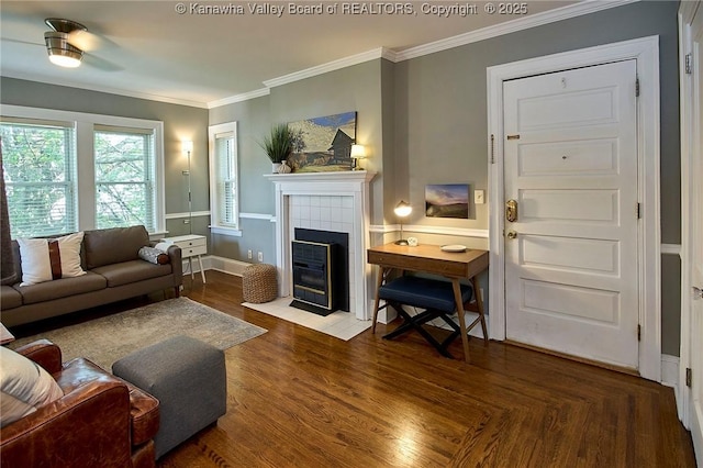 1313 Lee St E Unit 233, Charleston, WV 25301 - living room with ornamental molding, a tile fireplace, ceiling fan, and baseboards