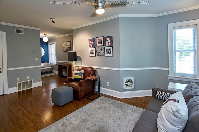1313 Lee St E Unit 233, Charleston, WV 25301 - living room featuring wood finished floors, a ceiling fan, baseboards, and ornamental molding