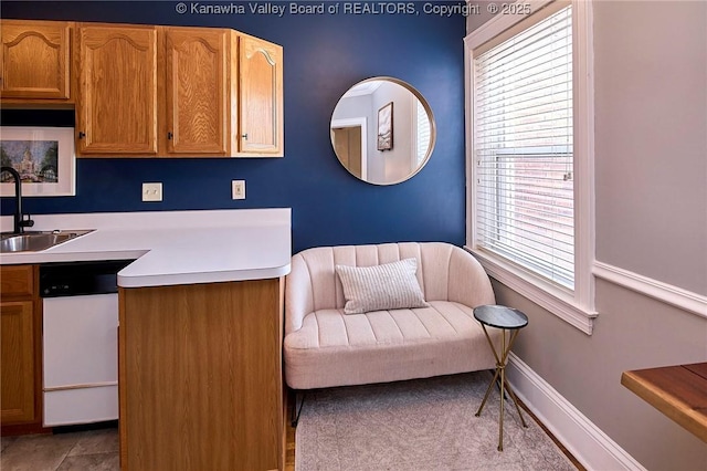 1313 Lee St E Unit 233, Charleston, WV 25301 - kitchen featuring dishwasher, a sink, light countertops, and brown cabinetry