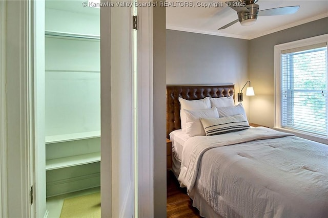 1313 Lee St E Unit 233, Charleston, WV 25301 - bedroom with ornamental molding, ceiling fan, and dark wood finished floors