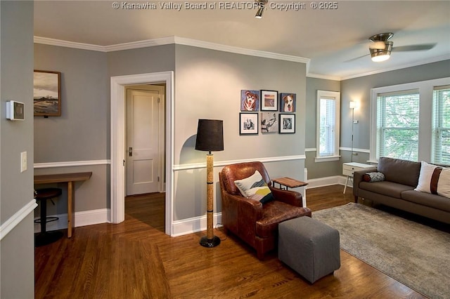 1313 Lee St E Unit 233, Charleston, WV 25301 - living area featuring ceiling fan, wood finished floors, ornamental molding, and baseboards