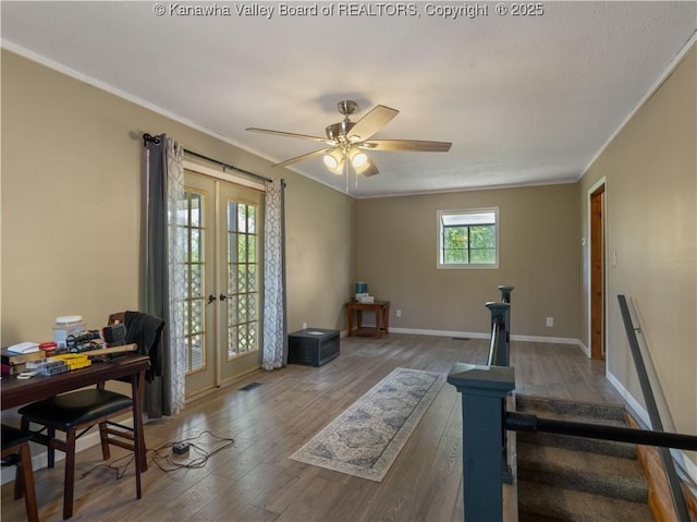 67 Poplar Dr, Scott Depot, WV 25560 - office area with french doors, ornamental molding, wood finished floors, a ceiling fan, and baseboards