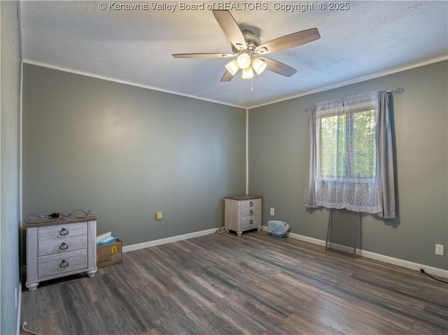 67 Poplar Dr, Scott Depot, WV 25560 - empty room featuring wood finished floors, a ceiling fan, a textured ceiling, ornamental molding, and baseboards
