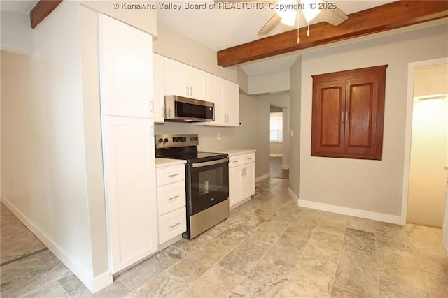 2111 21st St, Nitro, WV 25143 - kitchen featuring appliances with stainless steel finishes, beamed ceiling, light stone finish flooring, ceiling fan, and light countertops
