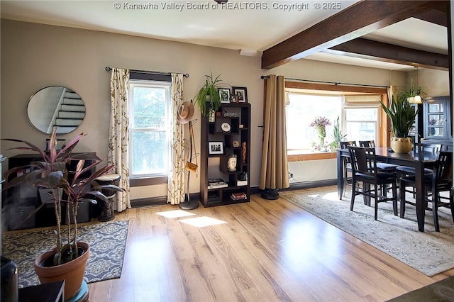 918 Greendale Dr, Charleston, WV 25302 - dining room featuring wood finished floors, baseboards, and beamed ceiling