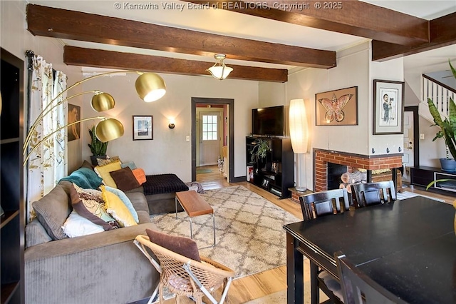 918 Greendale Dr, Charleston, WV 25302 - living room with wood finished floors, a fireplace, and beam ceiling