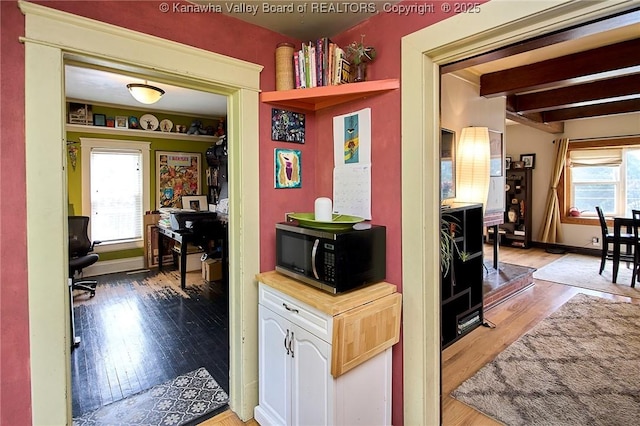 918 Greendale Dr, Charleston, WV 25302 - hallway featuring light wood finished floors, baseboards, beam ceiling, and a desk