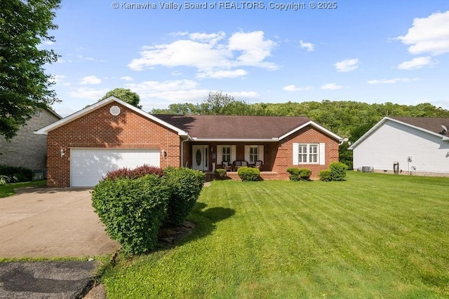 108 Lock Ln, Alum Creek, WV 25003 - ranch-style home featuring brick siding, a front lawn, a porch, concrete driveway, and a garage