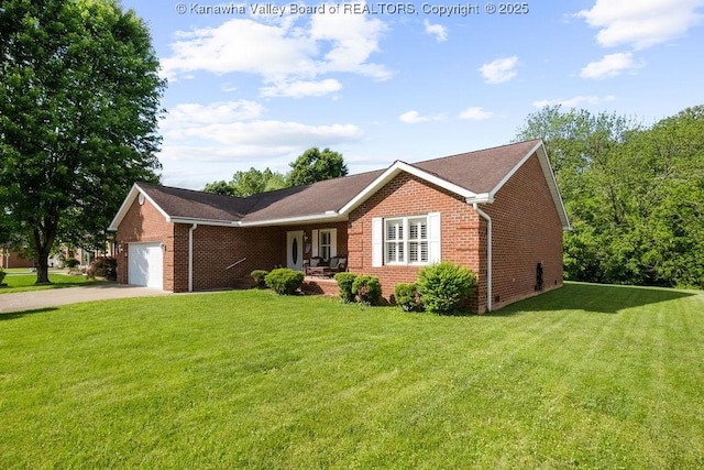 108 Lock Ln, Alum Creek, WV 25003 - single story home featuring brick siding, a garage, a front yard, and covered porch