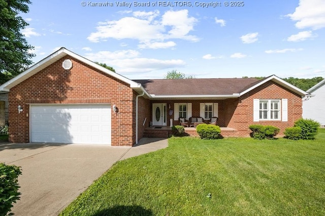 108 Lock Ln, Alum Creek, WV 25003 - ranch-style house featuring covered porch, brick siding, a front yard, and concrete driveway