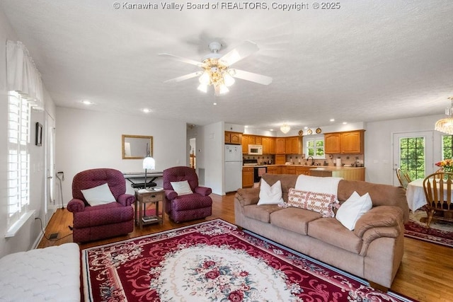 108 Lock Ln, Alum Creek, WV 25003 - living area with light wood-style floors, a ceiling fan, recessed lighting, a chandelier, and a textured ceiling