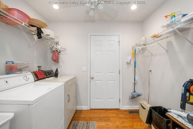 108 Lock Ln, Alum Creek, WV 25003 - laundry area featuring washing machine and clothes dryer, light wood-style flooring, a ceiling fan, and recessed lighting
