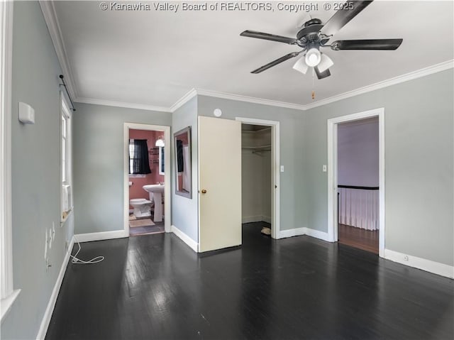 1300 Enslow Blvd, Huntington, WV 25701 - unfurnished bedroom with wood finished floors, ornamental molding, baseboards, a closet, and ensuite bathroom