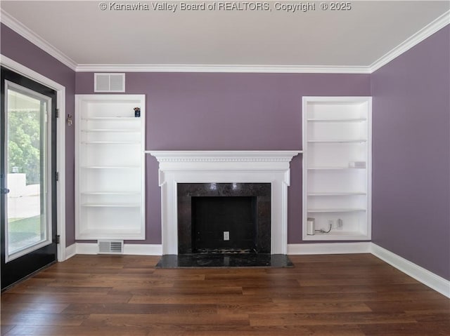 1300 Enslow Blvd, Huntington, WV 25701 - unfurnished living room with built in shelves, a fireplace, wood finished floors, baseboards, and crown molding