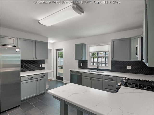 1300 Enslow Blvd, Huntington, WV 25701 - kitchen with stainless steel refrigerator, dishwashing machine, a sink, gray cabinets, and backsplash