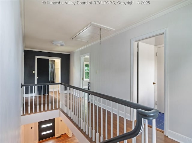 1300 Enslow Blvd, Huntington, WV 25701 - hallway with attic access, crown molding, wood finished floors, and an upstairs landing