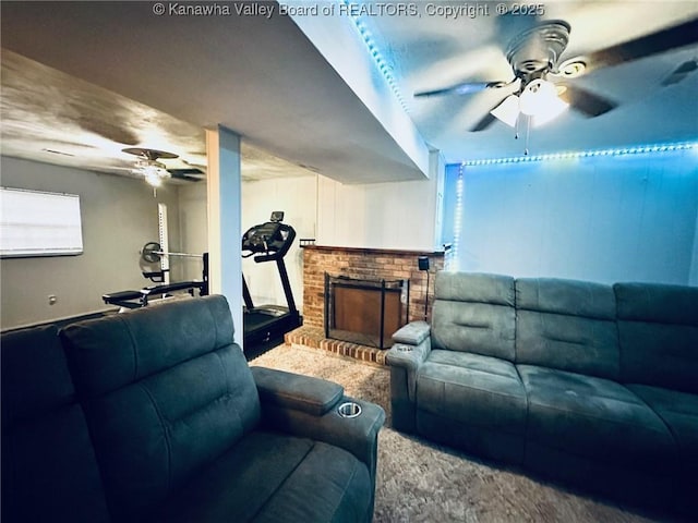 237 Pine Cir, Dunbar, WV 25064 - living area featuring a ceiling fan, carpet flooring, and a brick fireplace