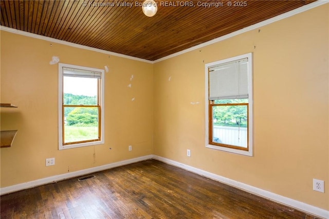 4096 Indian Creek Rd, Elkview, WV 25071 - empty room featuring ornamental molding, wooden ceiling, baseboards, and wood finished floors