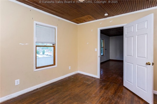 4096 Indian Creek Rd, Elkview, WV 25071 - unfurnished room with crown molding, dark wood-style flooring, wood ceiling, and baseboards