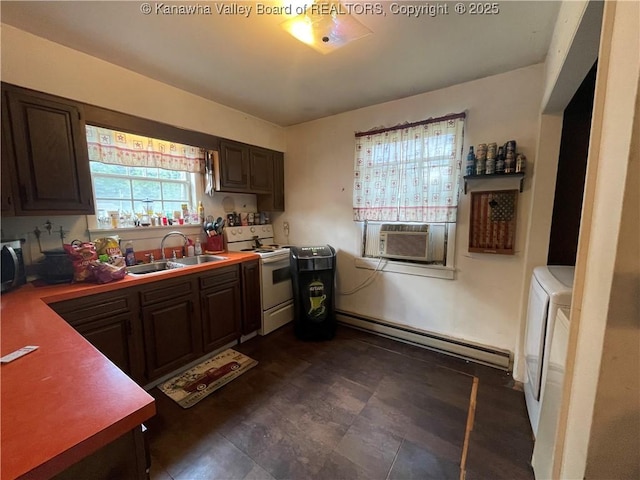 7966 Deepwater Mountain Rd, Kincaid, WV 25119 - kitchen with baseboard heating, white range with electric stovetop, a sink, stainless steel microwave, and cooling unit