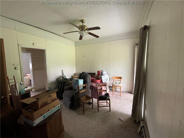 7966 Deepwater Mountain Rd, Kincaid, WV 25119 - interior space with carpet floors, a ceiling fan, and a baseboard heating unit