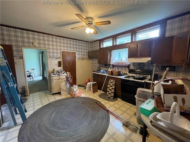 7966 Deepwater Mountain Rd, Kincaid, WV 25119 - kitchen with gas stove, light flooring, light countertops, a ceiling fan, and dark brown cabinetry